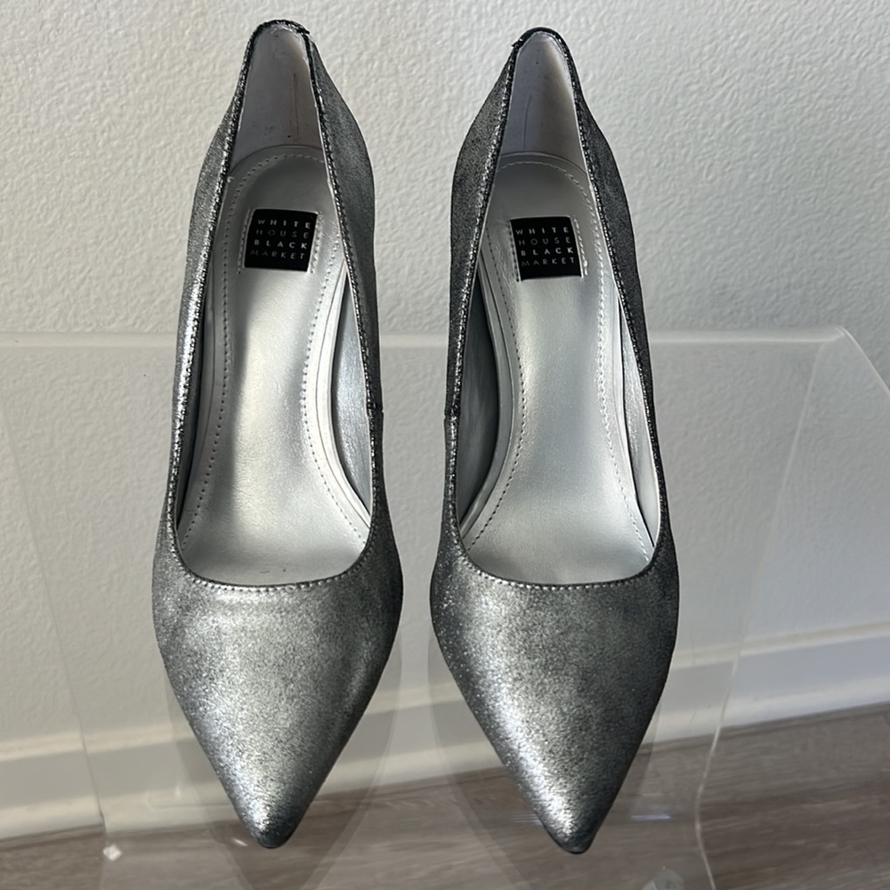 White House Black Market Olivia Leather Silver Metallic Heels